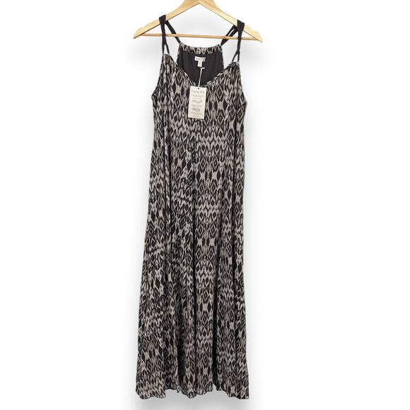 NWOT Garnet Hill Halter Dress Women's PL Gray Brown Cat Eye Print Maxi Dress - Picture 2 of 8